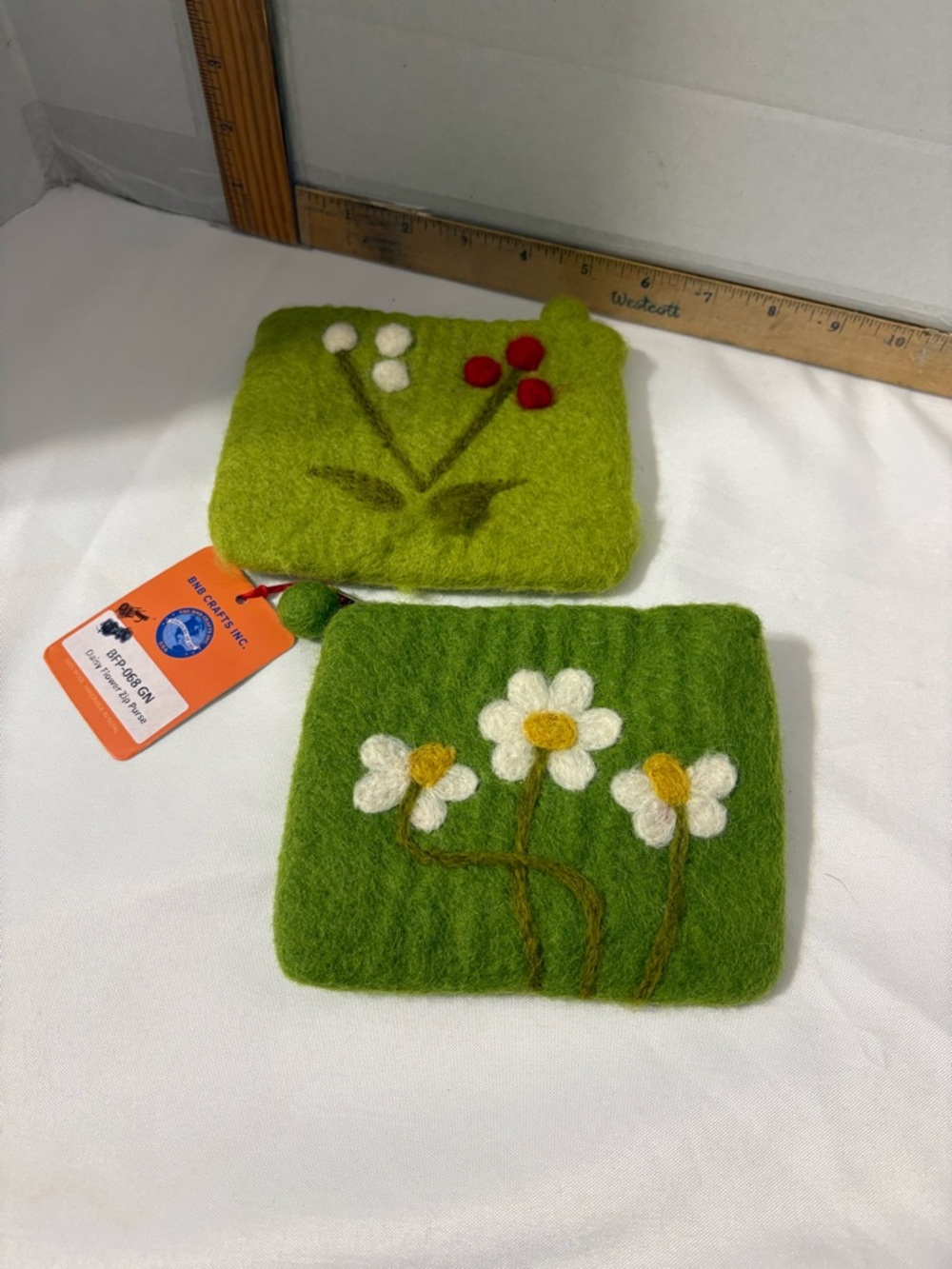 Handmade Green Felt Flower‎ Coin Pouches - Set of 2